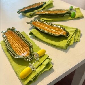 Ceramic Corn Spoon Rests with Bright Green Napkins - Set of 4